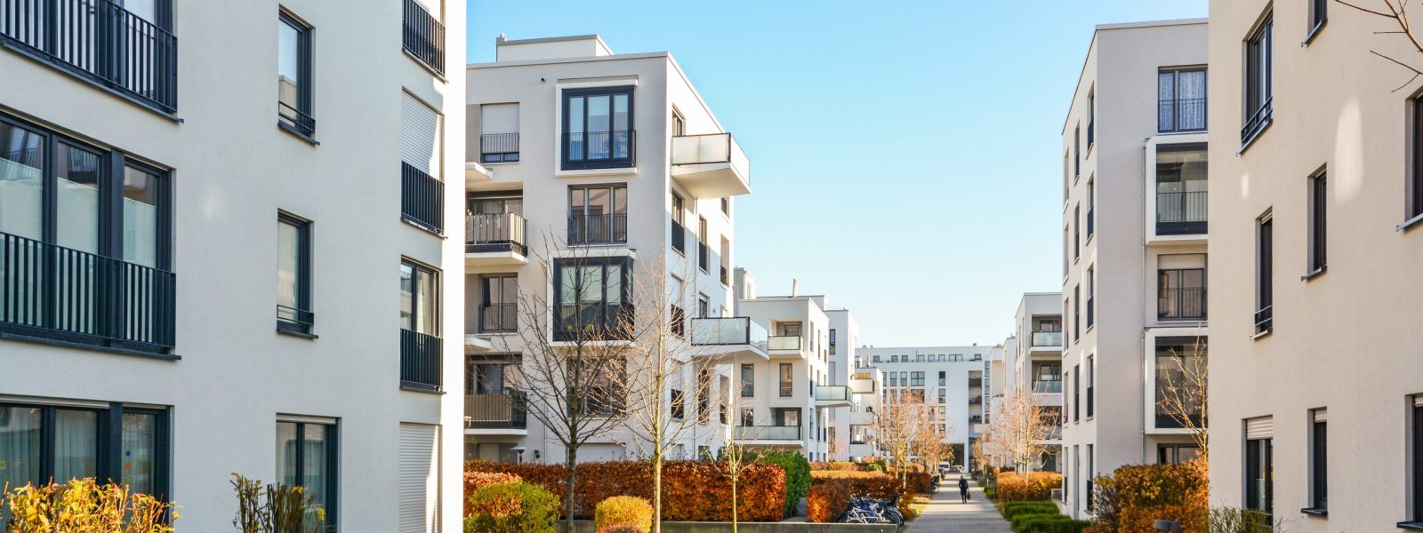 Modern apartment buildings in a green residential area in the ci
